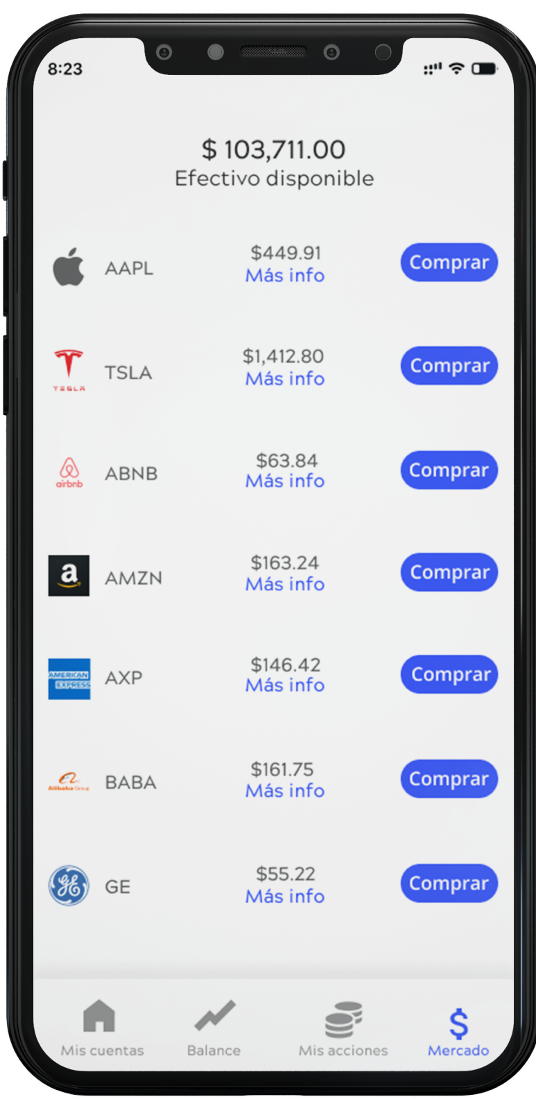 Imagen de un celular inteligente con la interfaz de la App de Insights. Se ve el efectivo disponible y algunas acciones