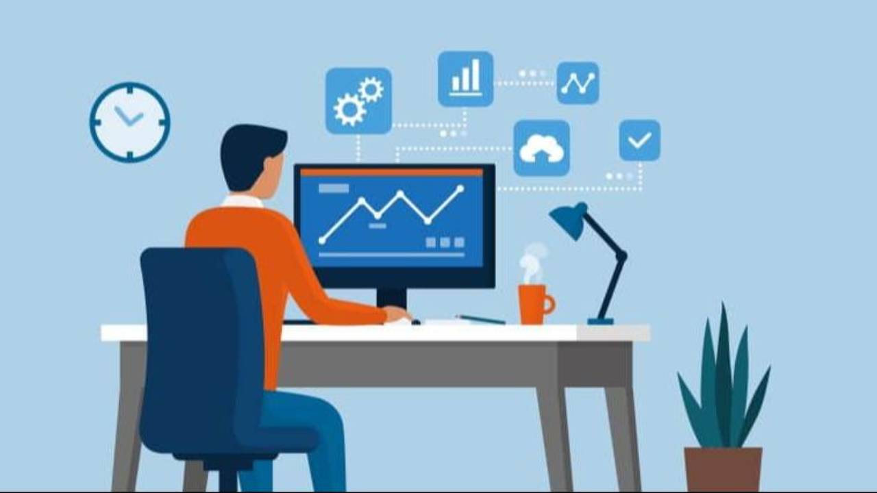 Dibujo de un hombre con buzo naranja, trabajando en su computadora. En la pantalla se observan gráficas al alza