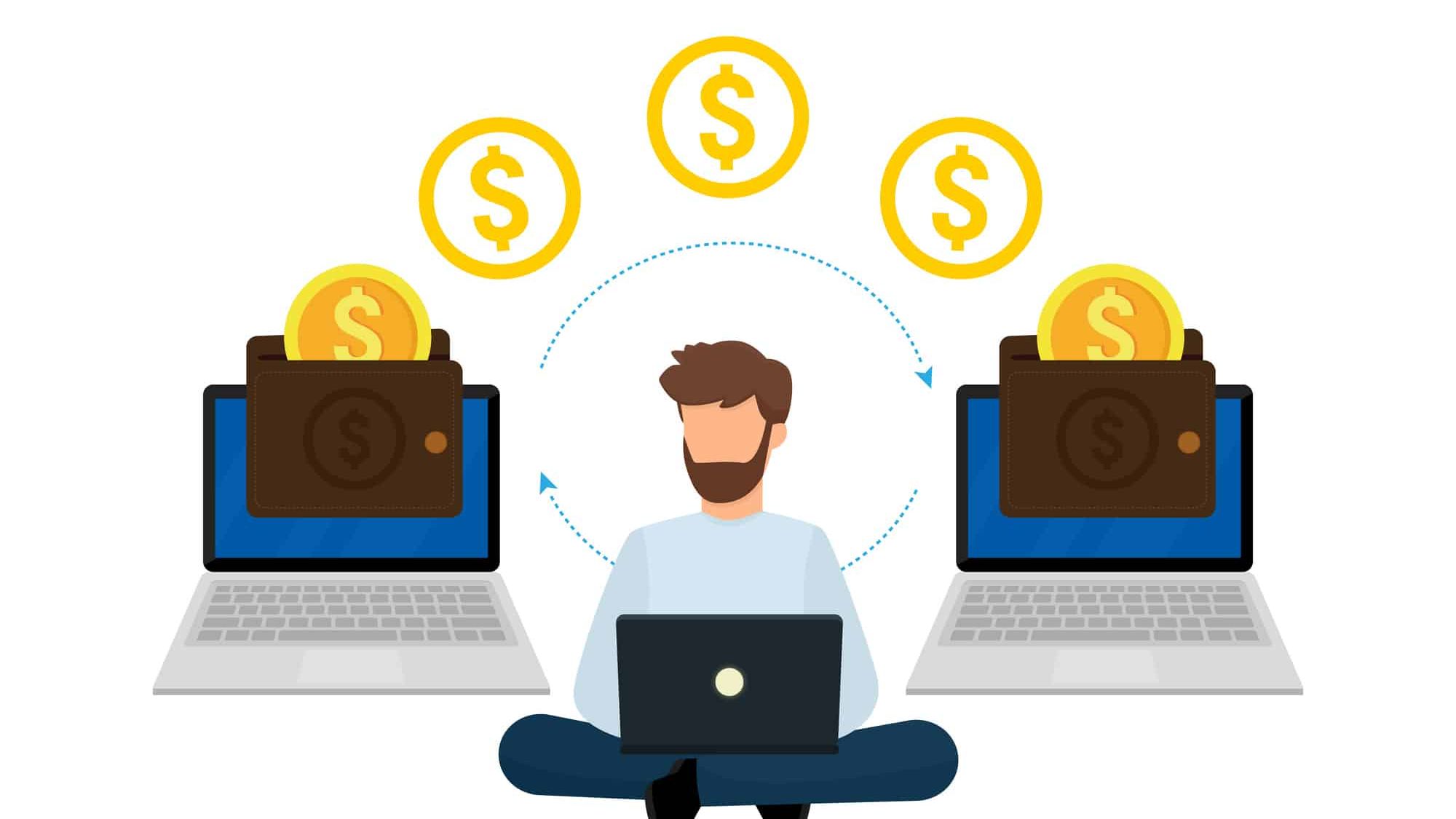 Dibujo de dos portátiles con grandes billeteras en la pantalla de las que se transfieren monedas. Un hombre está sentado en el centro, vendió sus acciones