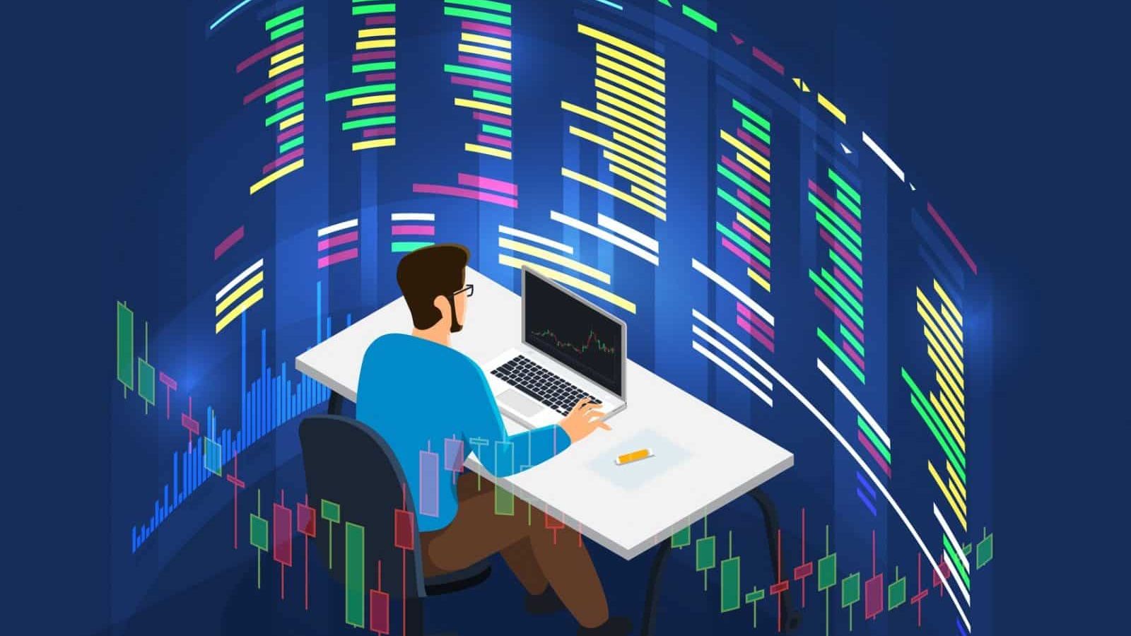 Gráfica de un hombre trabajando en un portátil, frente a una gran pantalla de datos y gráficas