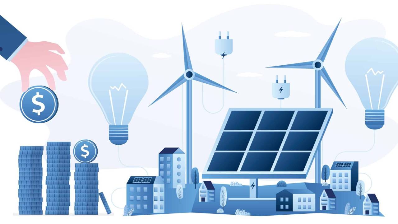 Dibujo de una gran mano colocando una gran moneda en una torre. Hay grandes bombillas, paneles solares, hélices y edificios