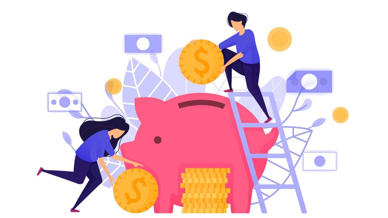 Dibujo de una gran alcancía en forma de cerdito donde una mujer toma grandes monedas y se las pasa a un hombre en una escalera que las deposita