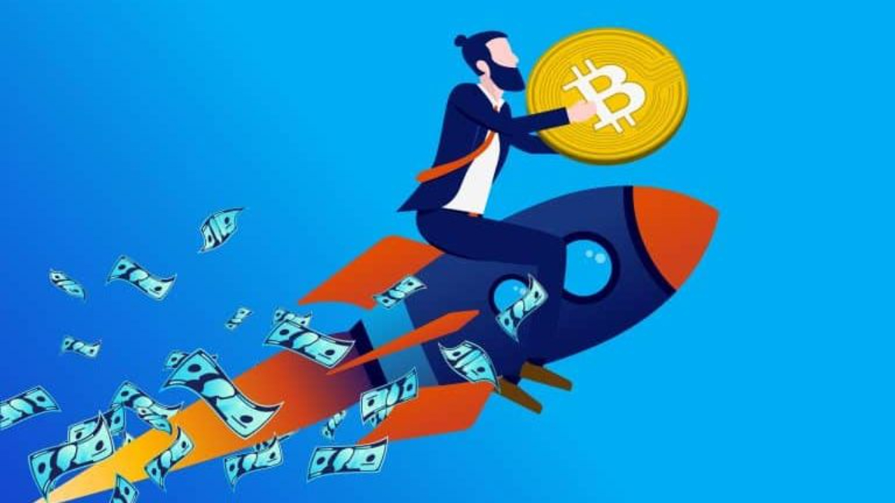 Dibujo de un hombre sobre un cohete que es impulsado por dólares. En sus manos lleva dinero para financiar su startup a través del Venture Capital