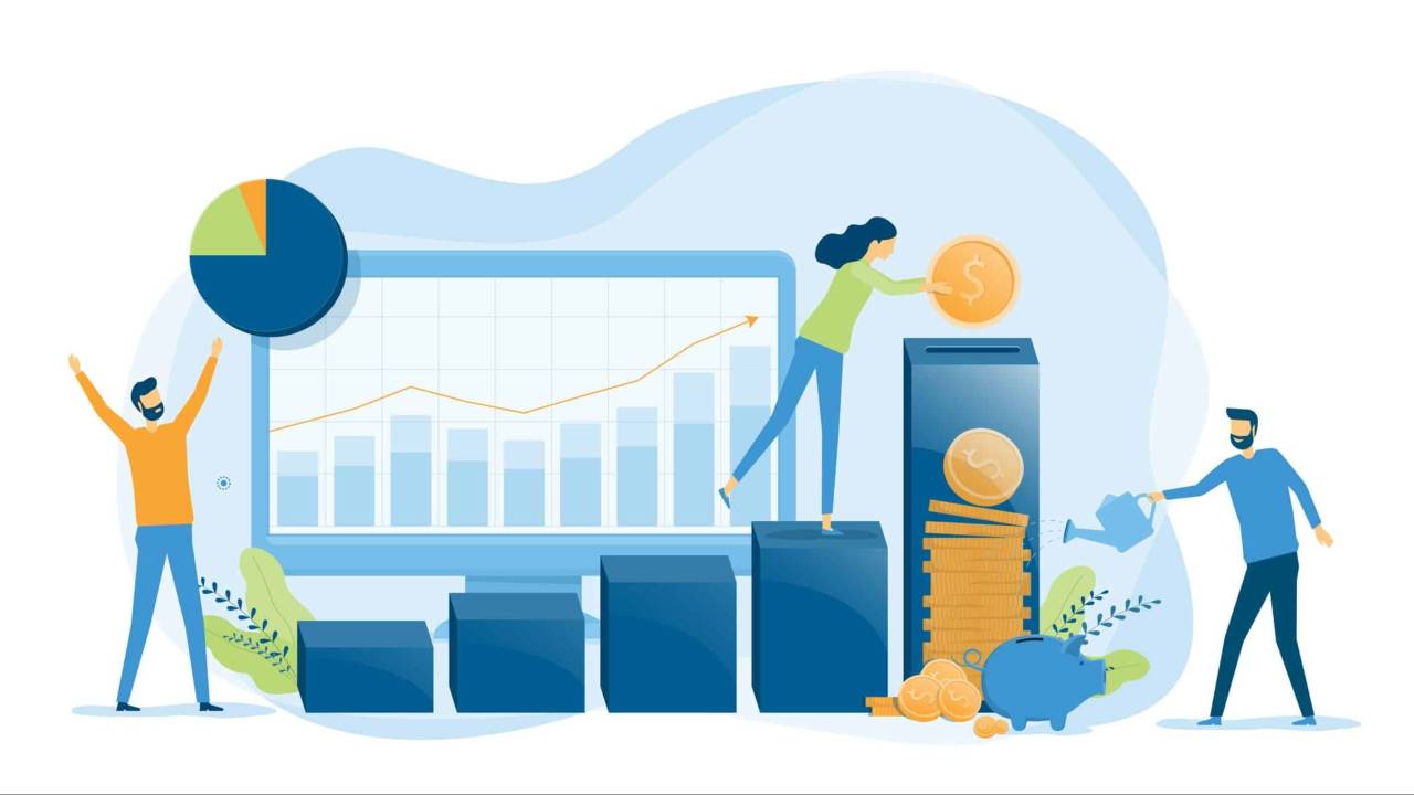 Dibujo de un gran computador con gráficas. Hay grandes torres de monedas y 3 personas interactuando con ellas, reflejan la gestión patrimonial