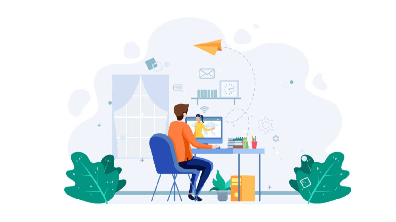 Dibujo de un hombre con buzo naranjado trabajando en su escritorio. De la pantalla sale una mujer y aviones de papel. Escucha sobre las inversiones