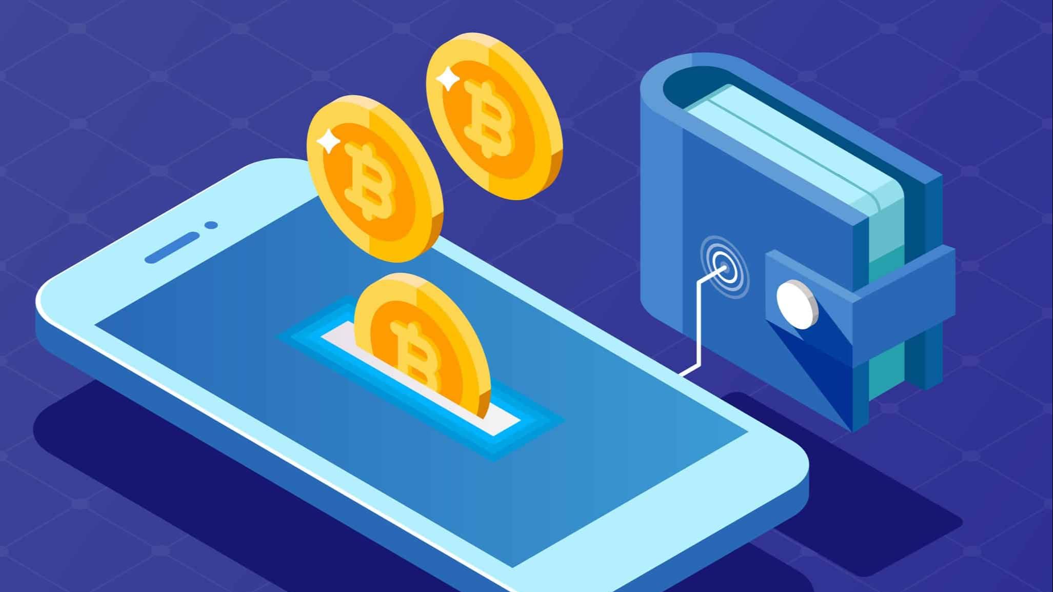 Imagen de un gran celular conectado a una billetera. Grandes monedas de bitcoin entran por la pantalla del celular