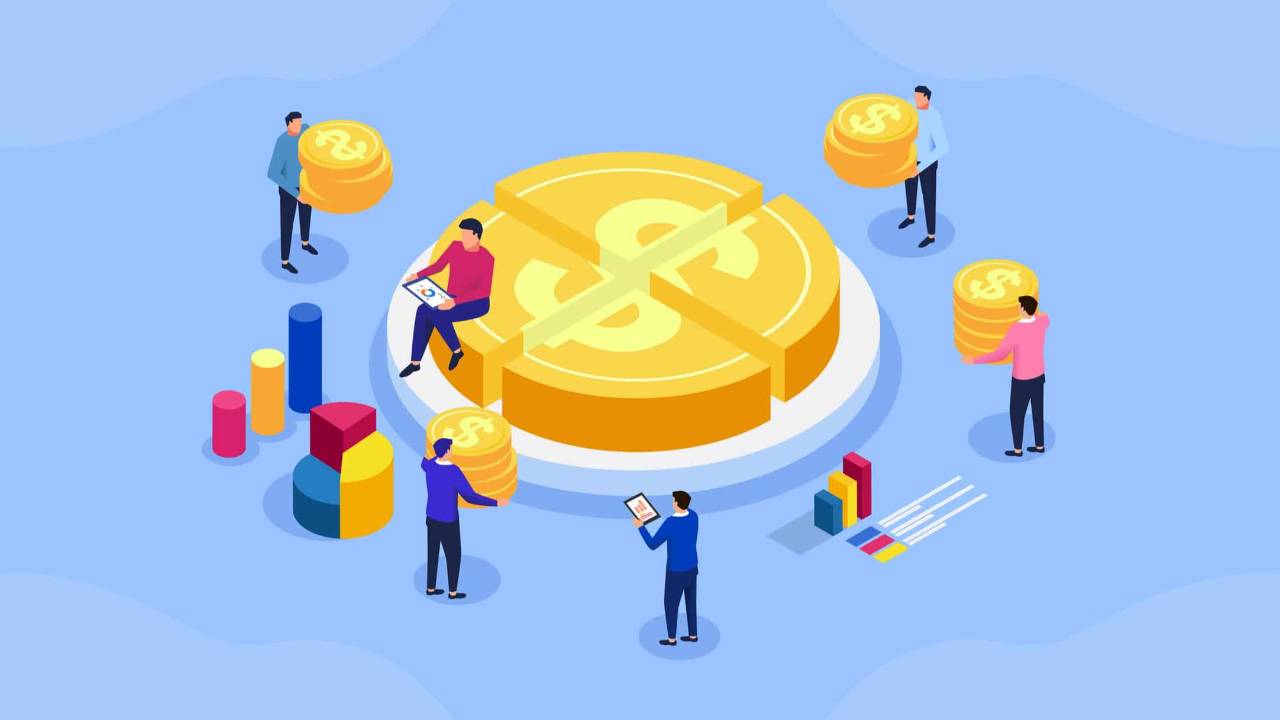 Dibujo de una gran moneda dividida en 4 partes iguales. Alrededor, hombres cargan una pila de monedas